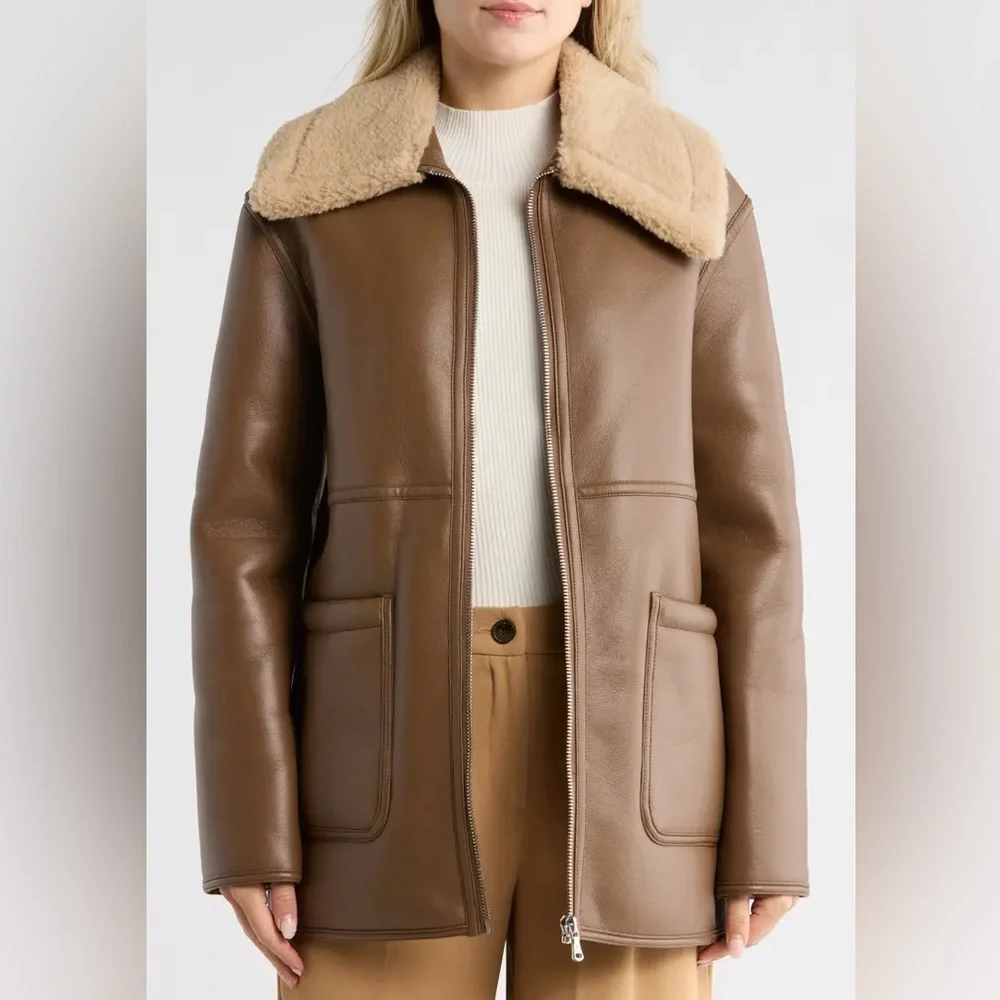NWT JASON WU Faux Shearling Collar Faux Leather Coat Brown / Tan